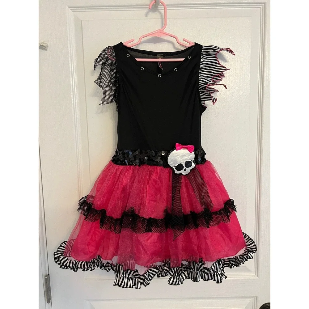 Monster High Halloween Costume Dress Kids Pink Black Skull Tulle Sequin M 8-10